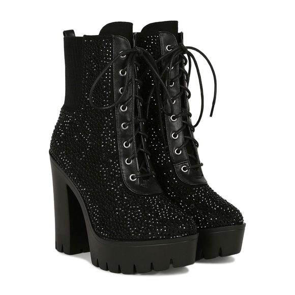 Rhinestone Embellished Lace-Up Lug Combat Boot - Picture 2 of 6